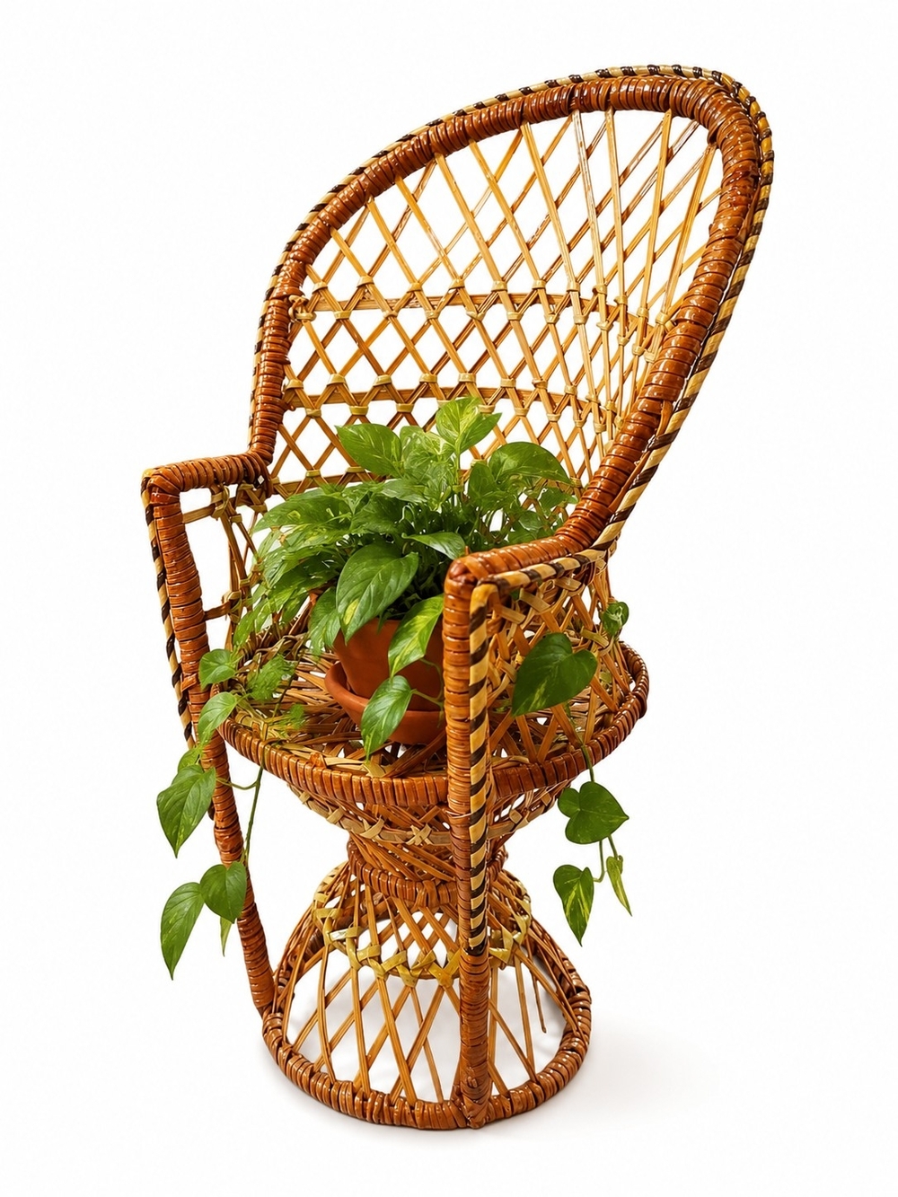 Vintage 1970s Wicker Rattan Peacock Chair Doll Chair Plant Stand 12"
